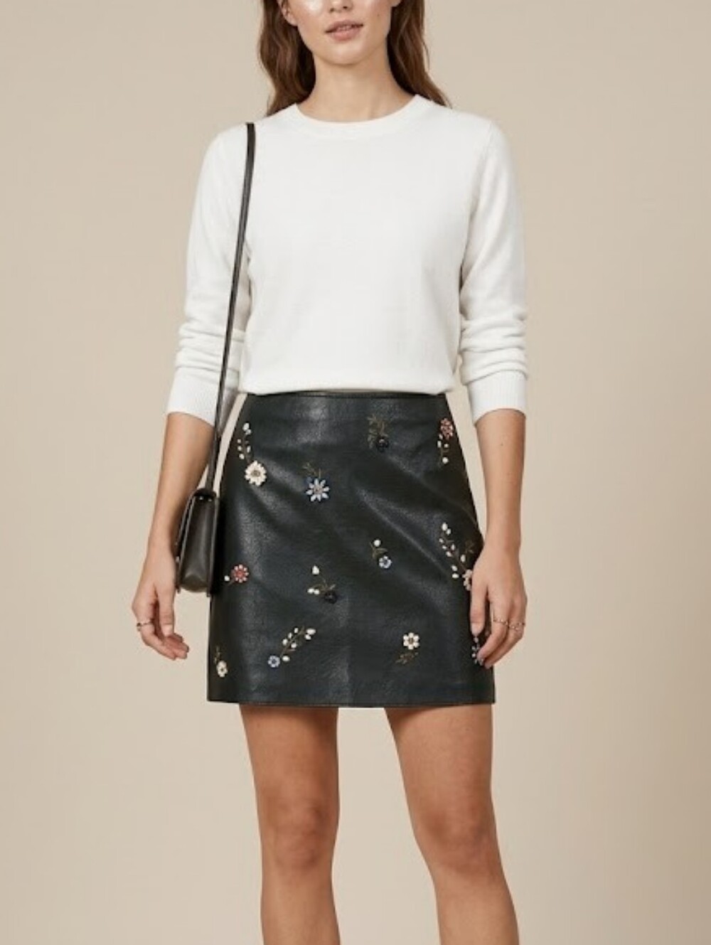 Zara Floral Embellished Embroidery Dark Green Faux Leather Skirt Size XS